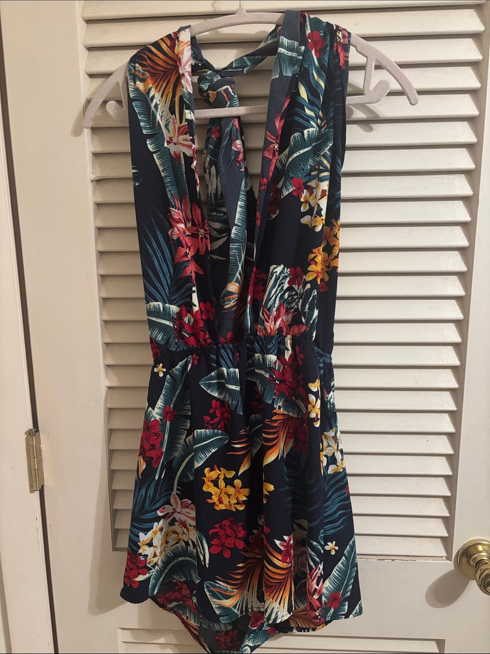 SHEIN Navy Floral Tropical Romper with Red and Teal Accents